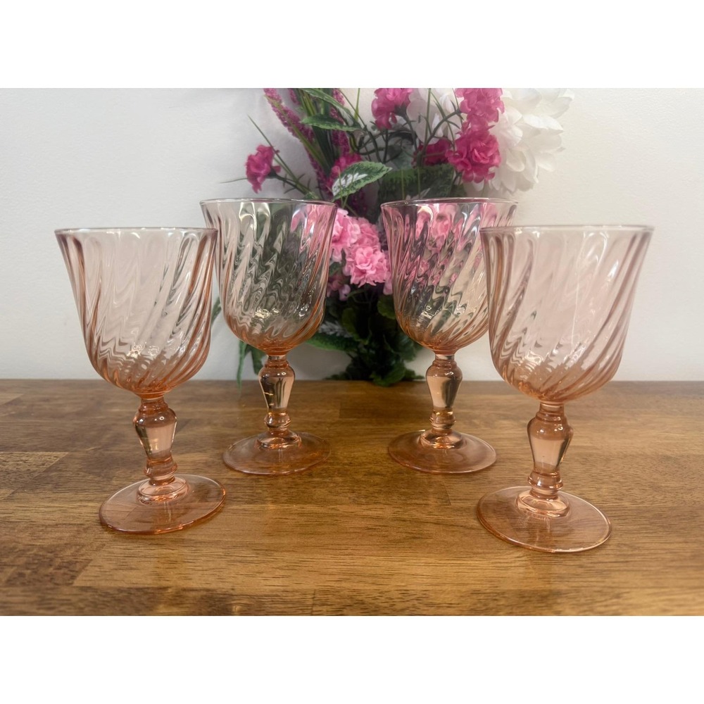 Vintage Arcoroc Rosaline Pink Swirl Stemmed Wine Glasses Set‎ of 4 France